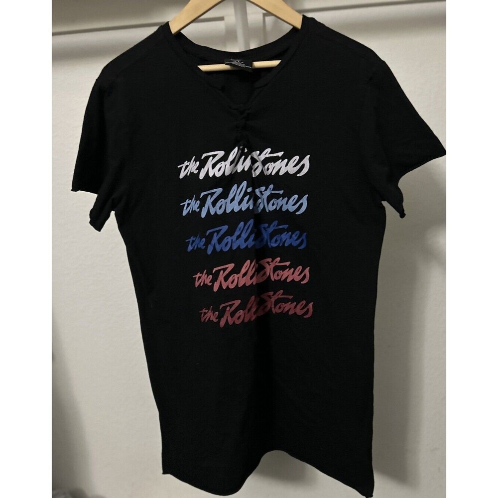 Rolling Stones Women's Large Black T-Shirt with script writing Red White Blue